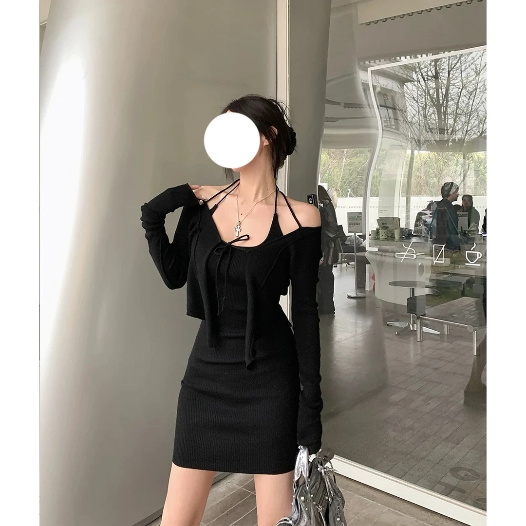 【氧气雨】EDACIT*挂脖吊带包臀连衣裙短款长袖针织开衫两件套装