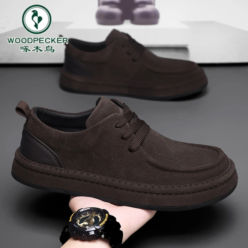 【啄木鸟】正品冬季男鞋复古棕色翻毛皮板鞋男士休闲软底运动豆豆鞋