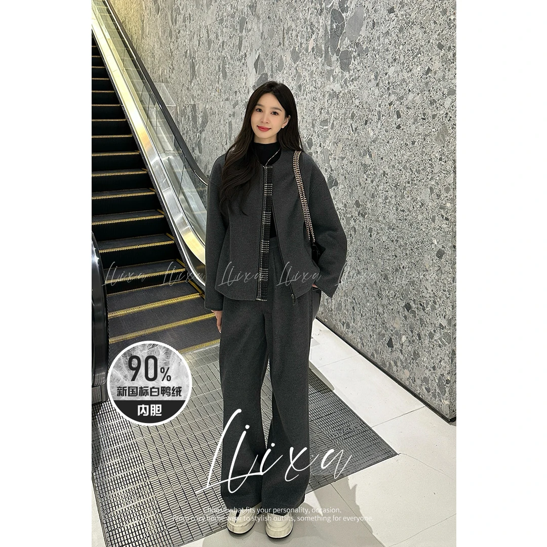 Liixu秋冬毛呢套装女羽绒内胆外套高腰阔腿裤两件套L48TZ037