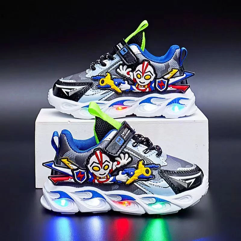 男减震男孩带灯鞋秋季鞋子步鞋春秋小童透气运动鞋男童软底皮面