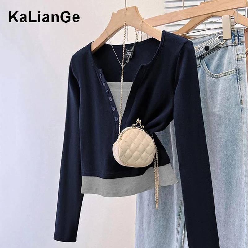 卡莲格/小众设计感V领长袖T恤女早秋季撞色假两件显瘦打底衫上衣