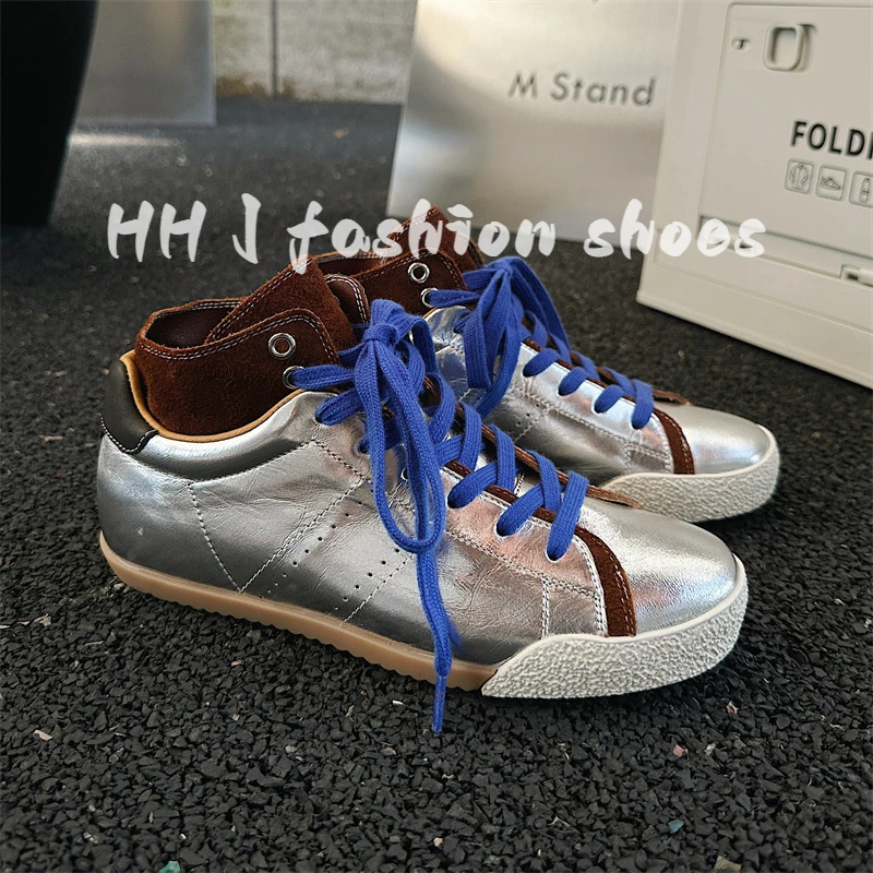 欧洲站内增高高帮鞋女2025秋季新款银色款复古休闲鞋系带设计板鞋