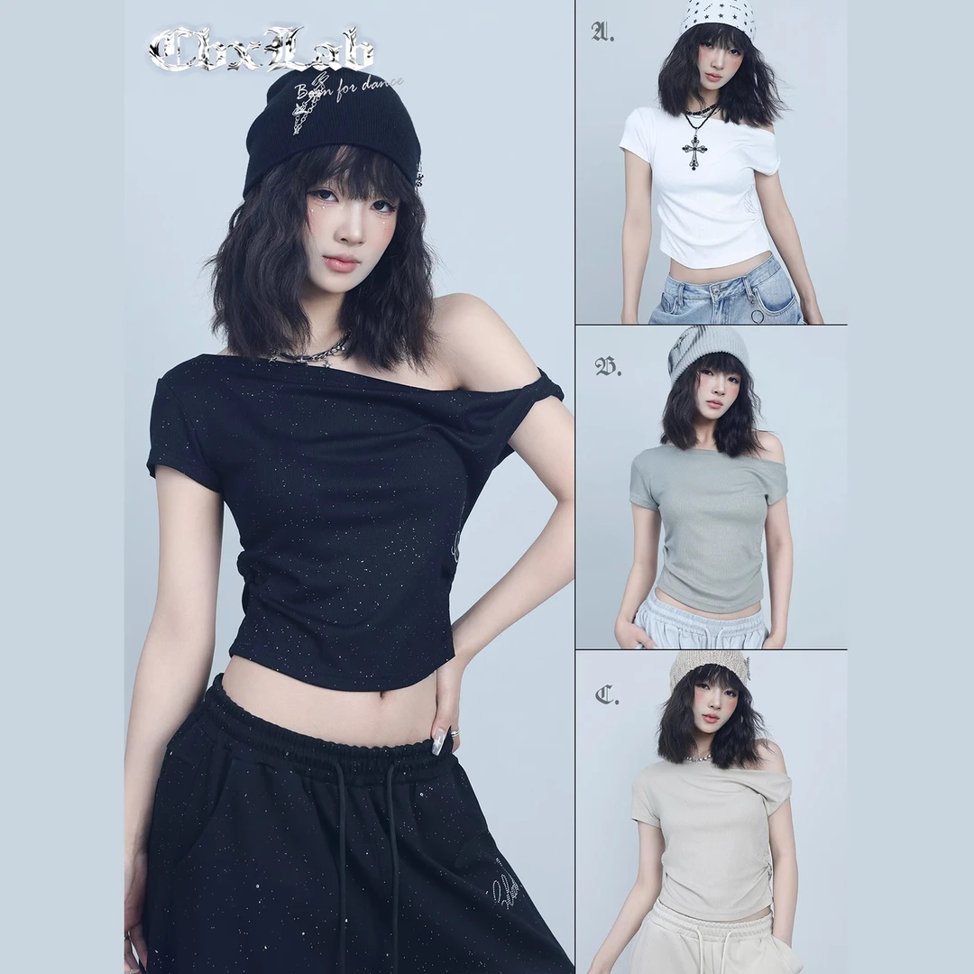 【辣妈GG专属】CBXLAB街舞潮牌短款小斜肩辣妹上衣百搭修身夏季爵士