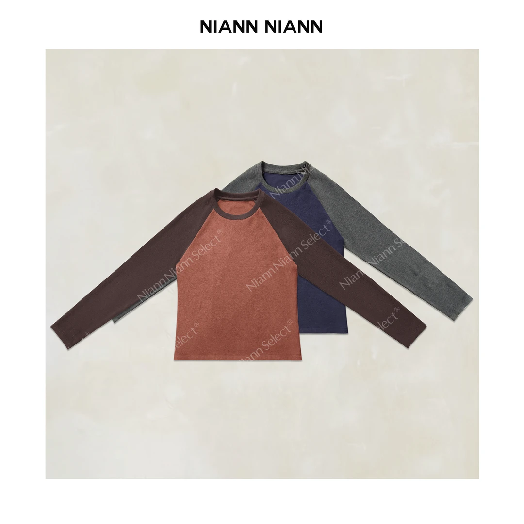 NiannNiann 新品复古通勤混纺时尚插肩袖绒绒拼色打底衫16245