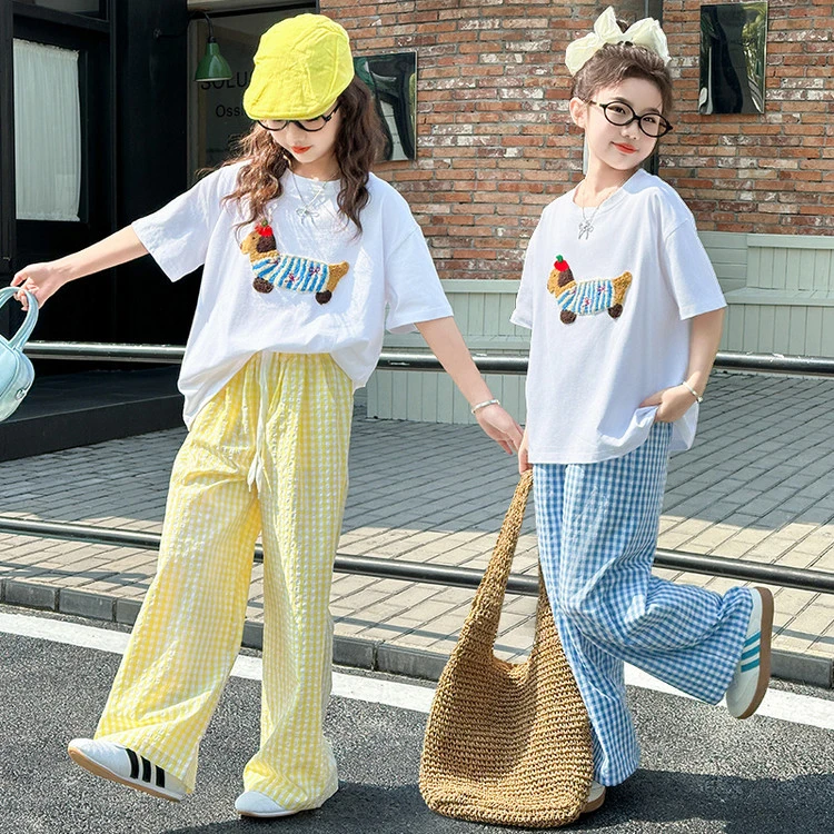 女童夏季短袖套装2025新款洋气女中大童夏装T恤儿童格子阔腿裤子