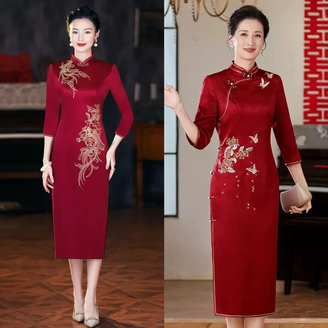 【正品苏绣】中长款旗袍秋冬三醋酸喜婆婆喜妈妈婚宴礼服时尚气质N