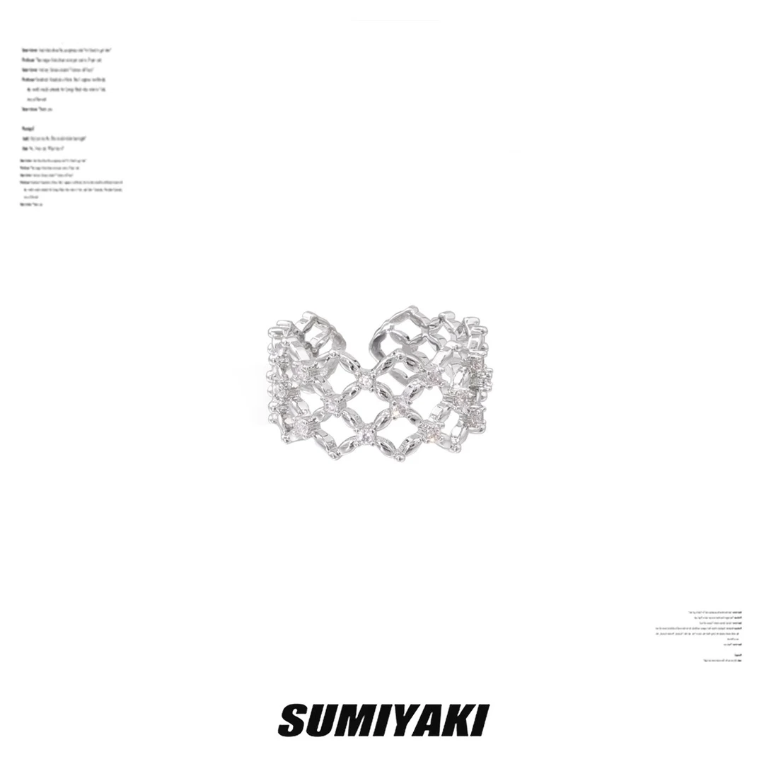 铜合金锆石戒指 SUMIYAKI原创镂空菱形锆石戒指小众时尚开口戒指