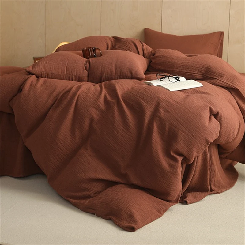 2025春夏新款千鸟格全棉纯棉双层纱四件套纯色简约