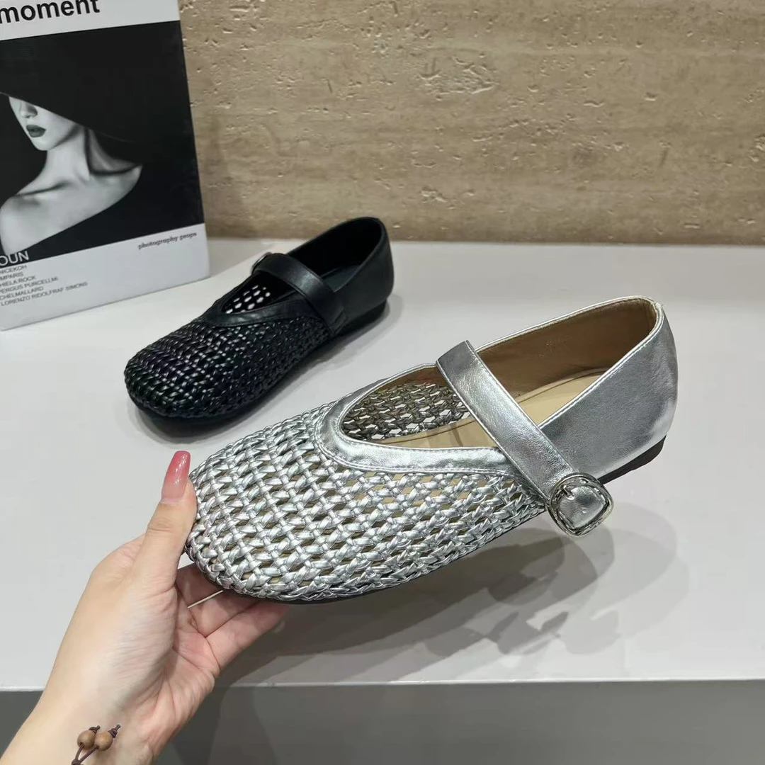 欧洲站2025夏新款时髦编织镂空玛丽珍单鞋平底金属皮带扣芭蕾舞鞋