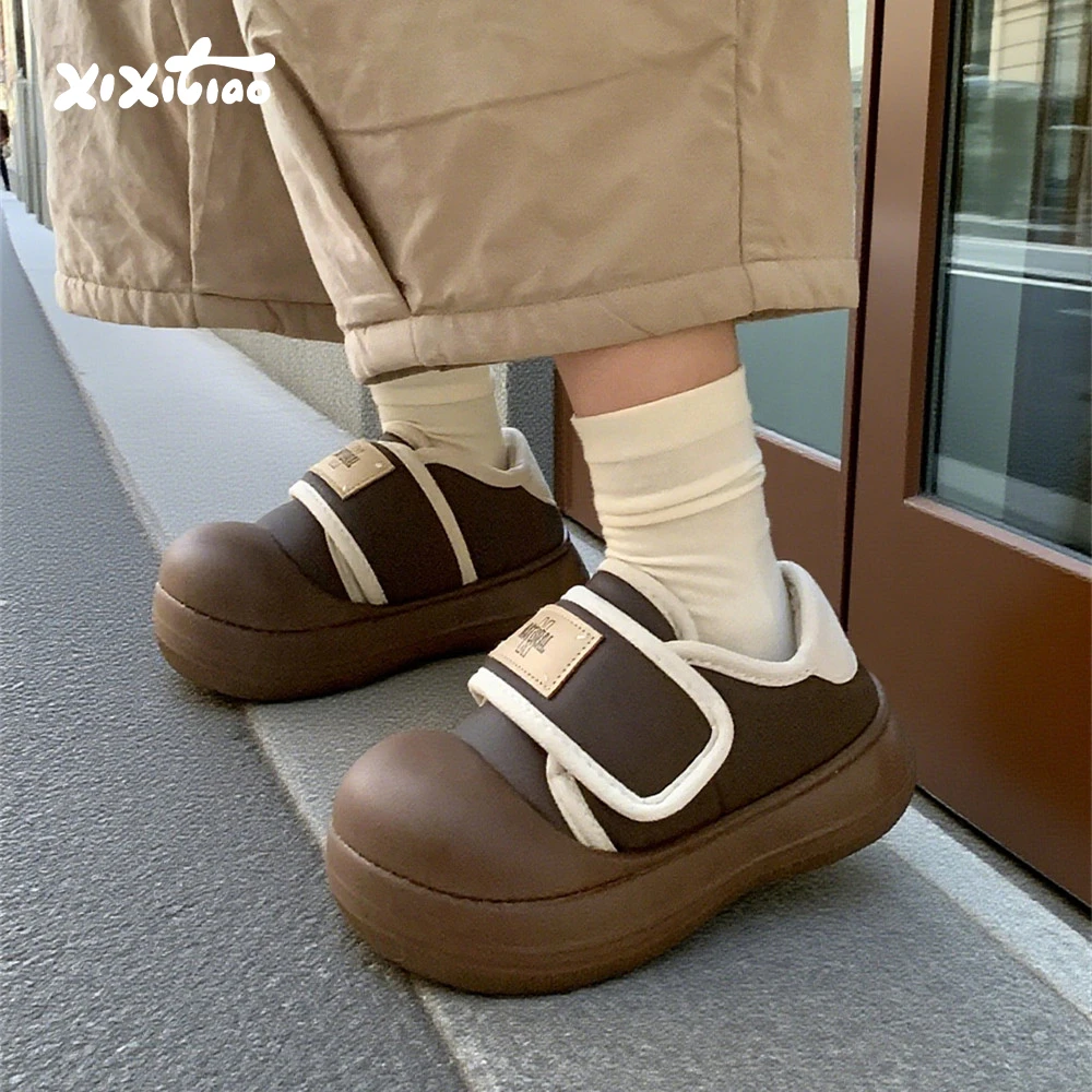 细细条 冬季网红时尚外穿防滑魔术贴面包棉鞋百搭拼色厚底板鞋女