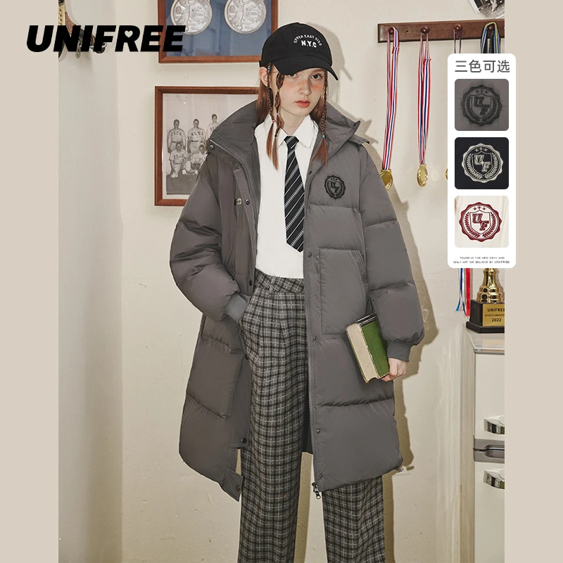 unifree学院风羽绒服连帽可拆卸保暖冬季防风加厚百搭中长款外套