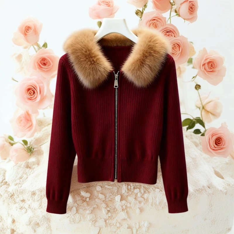 圣诞新年甜美软糯感宽松毛领酒红色长袖针织毛衣女装秋冬慵懒可爱