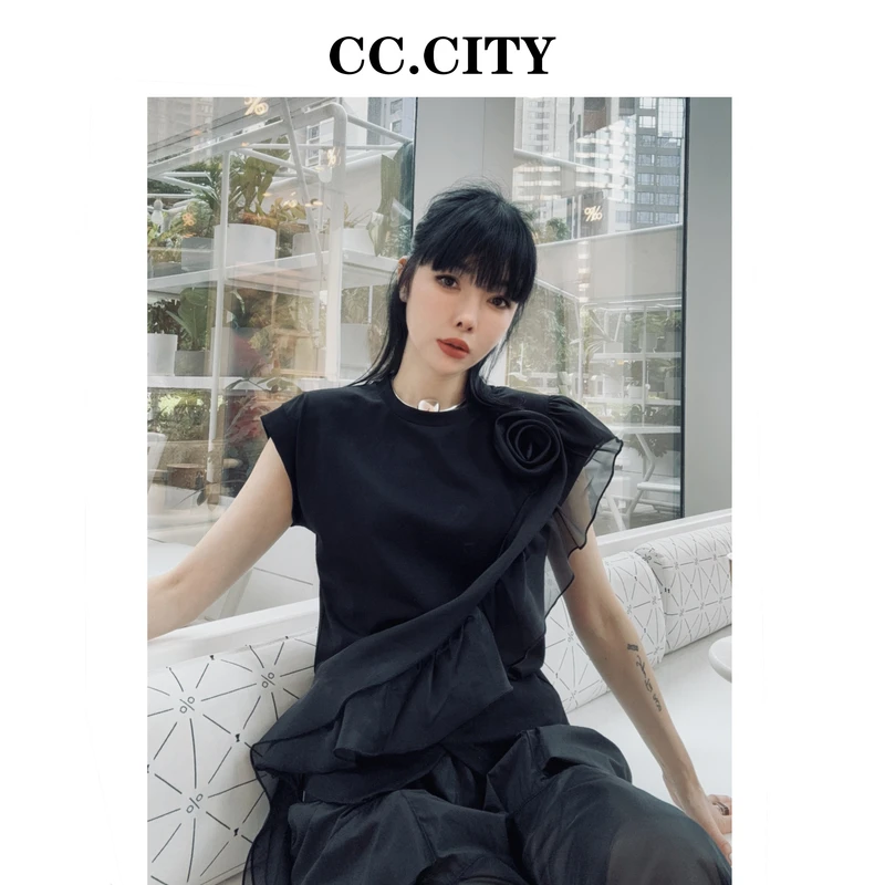 【蔡丽丽 & 添羽 】时尚洋气气质重工花朵针织拼接欧根纱上衣6x1001