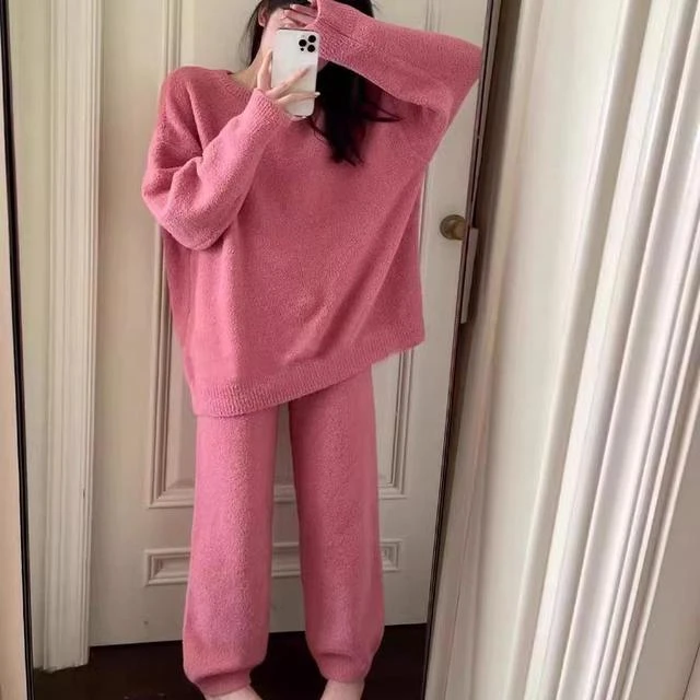 2024高级感纯色半边绒睡衣女秋冬季加厚大码针织家居服套装可外穿