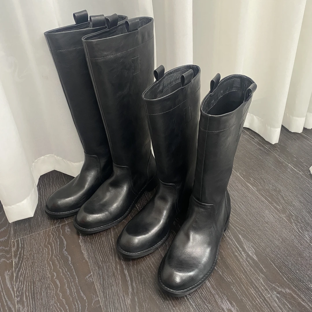 水洗真皮时装靴时尚骑士靴马靴加绒高筒靴黑色长靴百搭中筒百搭女