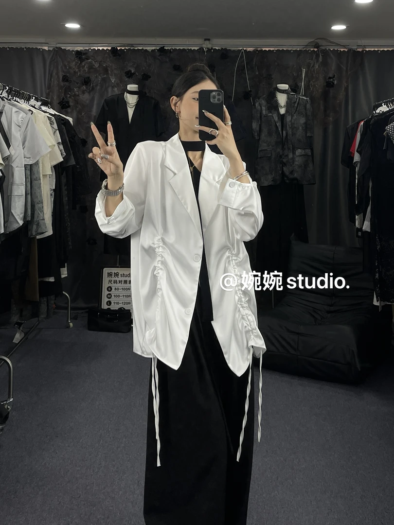 【婉婉studio】四季款抽绳褶皱丝滑感长袖上衣衬衫气质纯欲外套西服