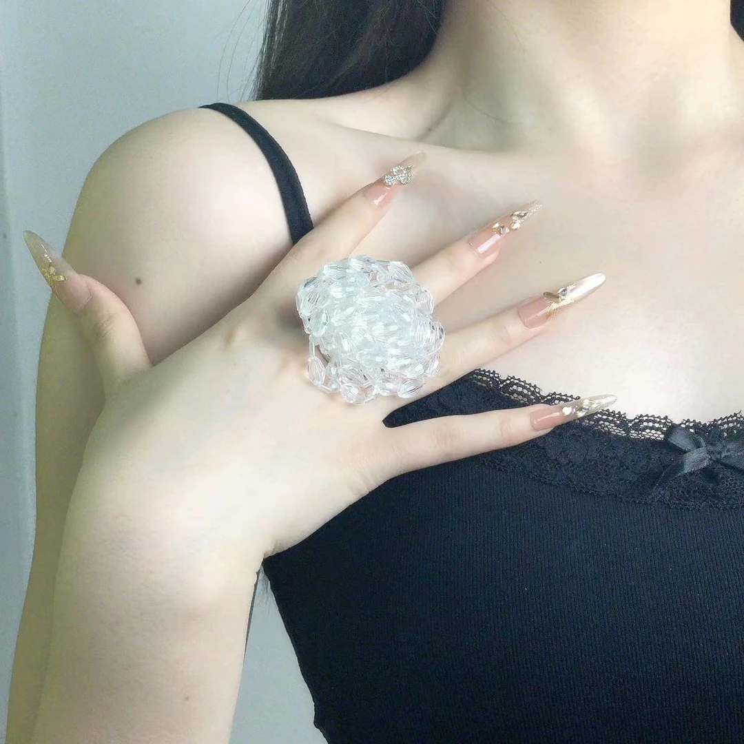 合金仿水晶戒指 2540手作水晶串珠戒指女轻奢高级感串珠花朵指环