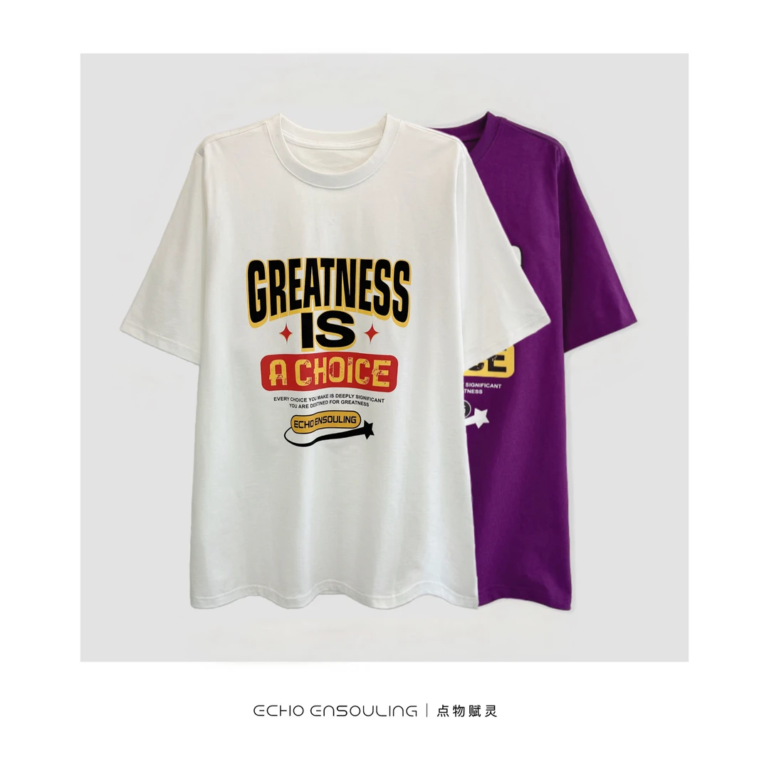 ECHO ENSOULING/点物赋灵E22414美式复古英文印花休闲正肩T恤