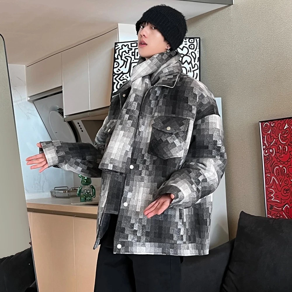 【乐仔专属】冬季外套男新款美式毛呢格纹马赛克bf夹克格子上衣保暖