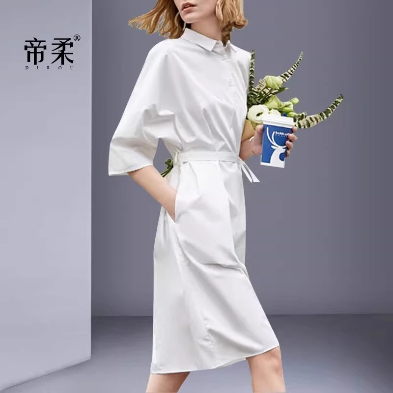 【特惠】夏季温柔风简约白色衬衫裙女收腰连衣裙显瘦减龄休闲裙子