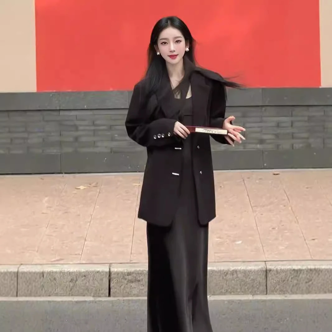 【现货挂装】大码女装春秋微胖mm套装小西装国风吊带裙两件套显瘦气