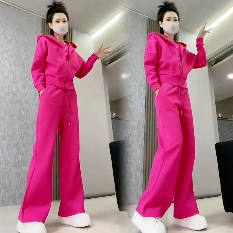 高含棉2025年春季新款套装女洋气减龄连帽拉链外套阔腿裤两件套潮