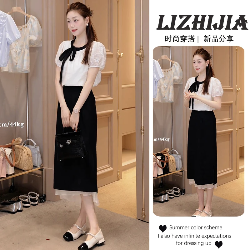 2025夏季新款蝴蝶结系带设计感衬衫短袖百搭气质显瘦半身裙两件套