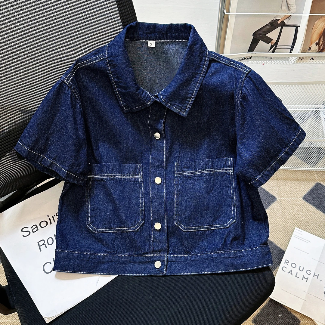 气质时尚港风复古翻领明线牛仔短外套女夏季宽松显瘦百搭开衫上衣