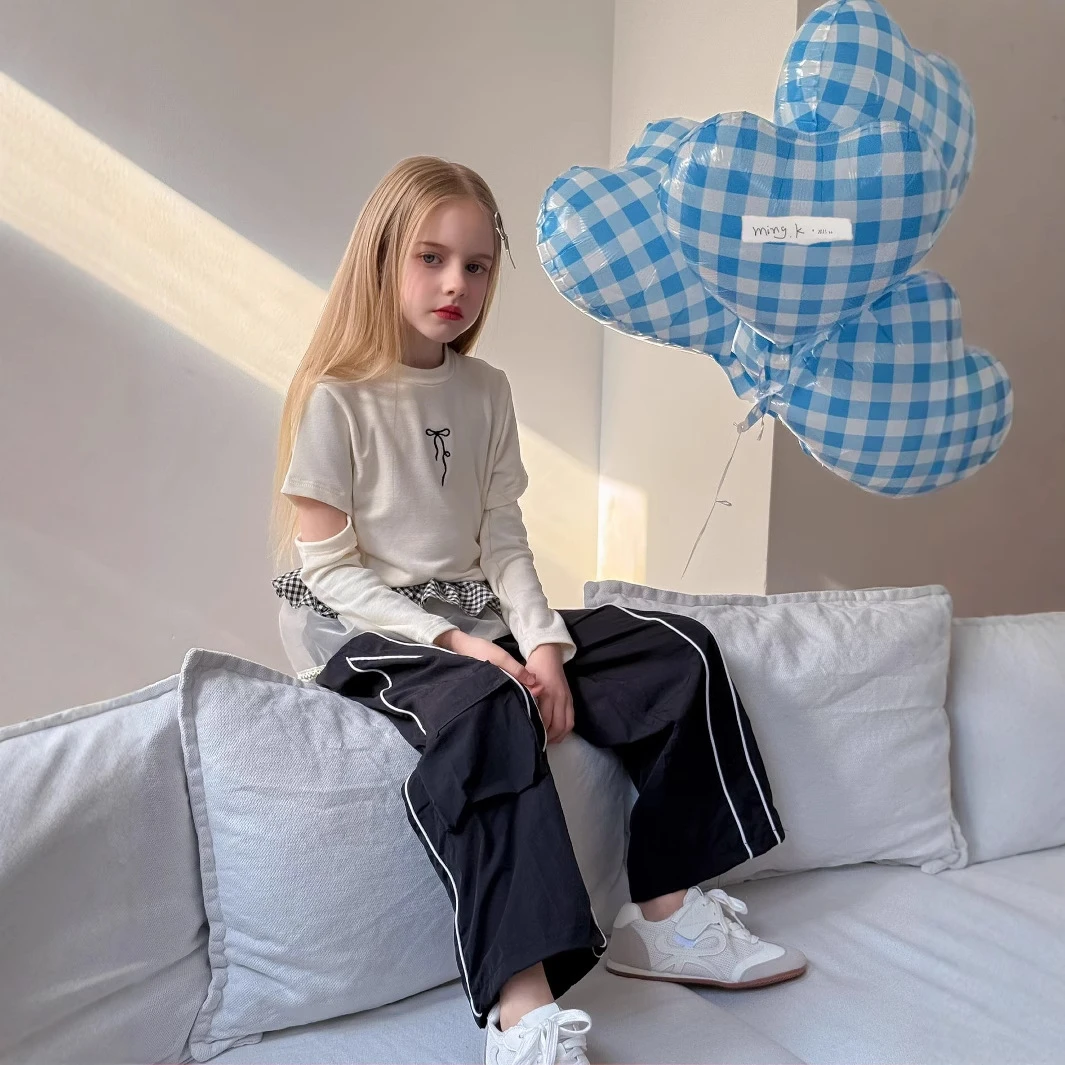 个性设计~2025春新款儿童刺绣蝴蝶结长袖T恤女童美式修身打底衫