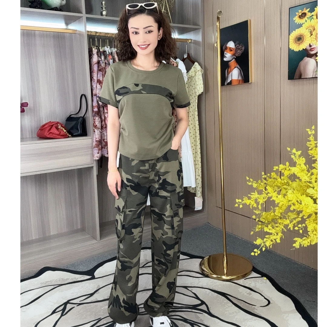 时尚休闲夏季显瘦宽松迷彩3302款两件运动套装