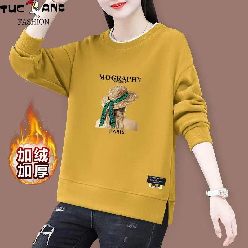 啄木鸟冬季加绒卫衣加厚女2025冬季新款圆领宽松假两件长袖上衣女