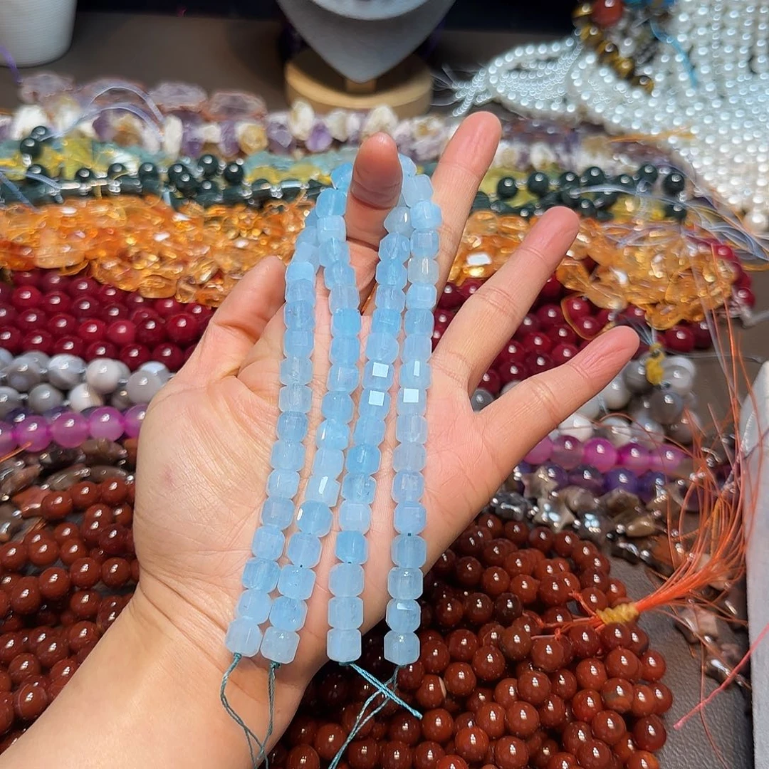 玛瑙/玉髓合金珠宝半成品8mm蓝玉髓方糖一条