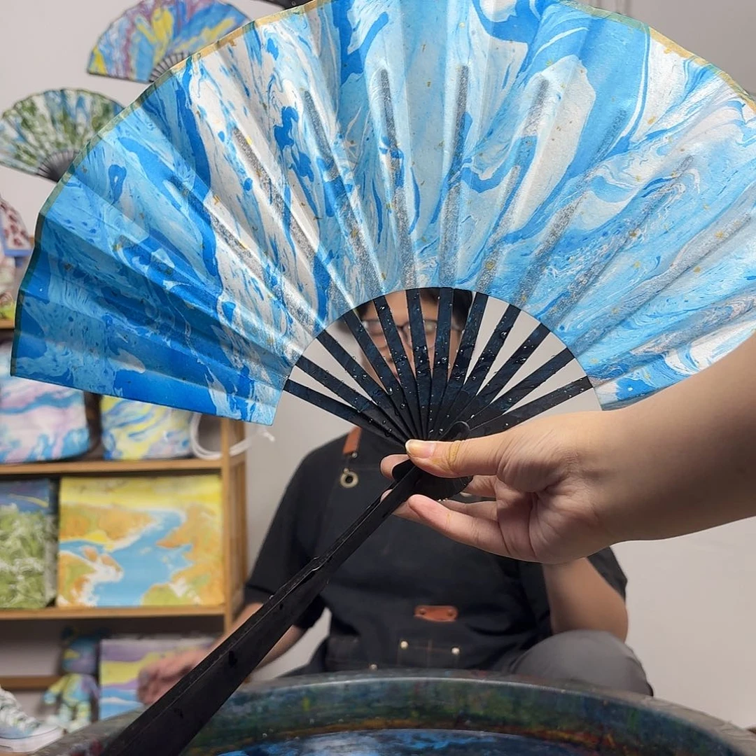 蓝色系海浪折扇乌木