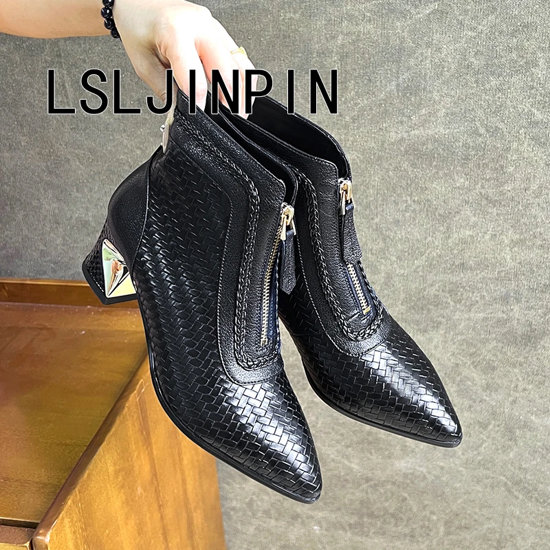 【4厘米】法式冬季侧拉链尖头高跟圆头短靴时装靴细跟时尚3135