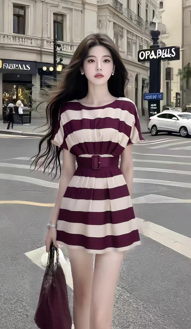 温柔风酒红色条纹设计修身收腰短袖圆领连衣裙女小众氛围感女装