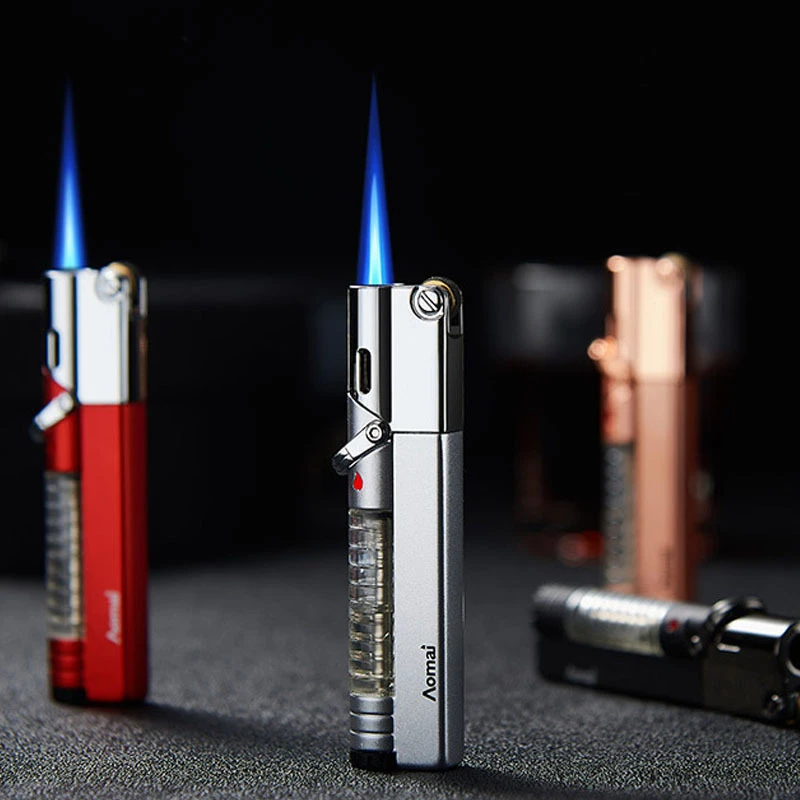 奥麦个性砂轮点火直冲蓝色火焰防风定火开关可视箱打火机