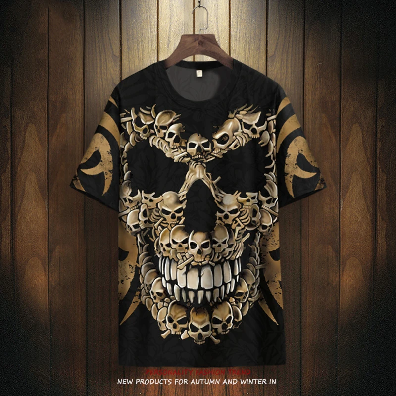 骷髅印花短袖T恤男设计感小众潮牌圆领半袖oversize薄款冰感体恤