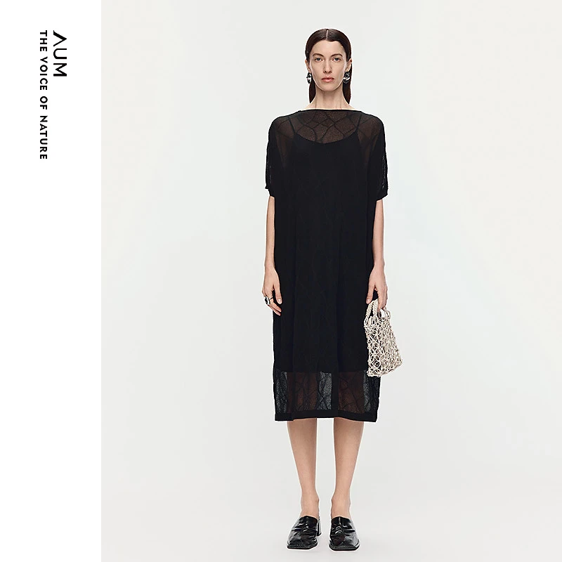 AUM新款夏季蕾丝时尚宽松圆领优雅针织连衣裙M1FZ2L23M