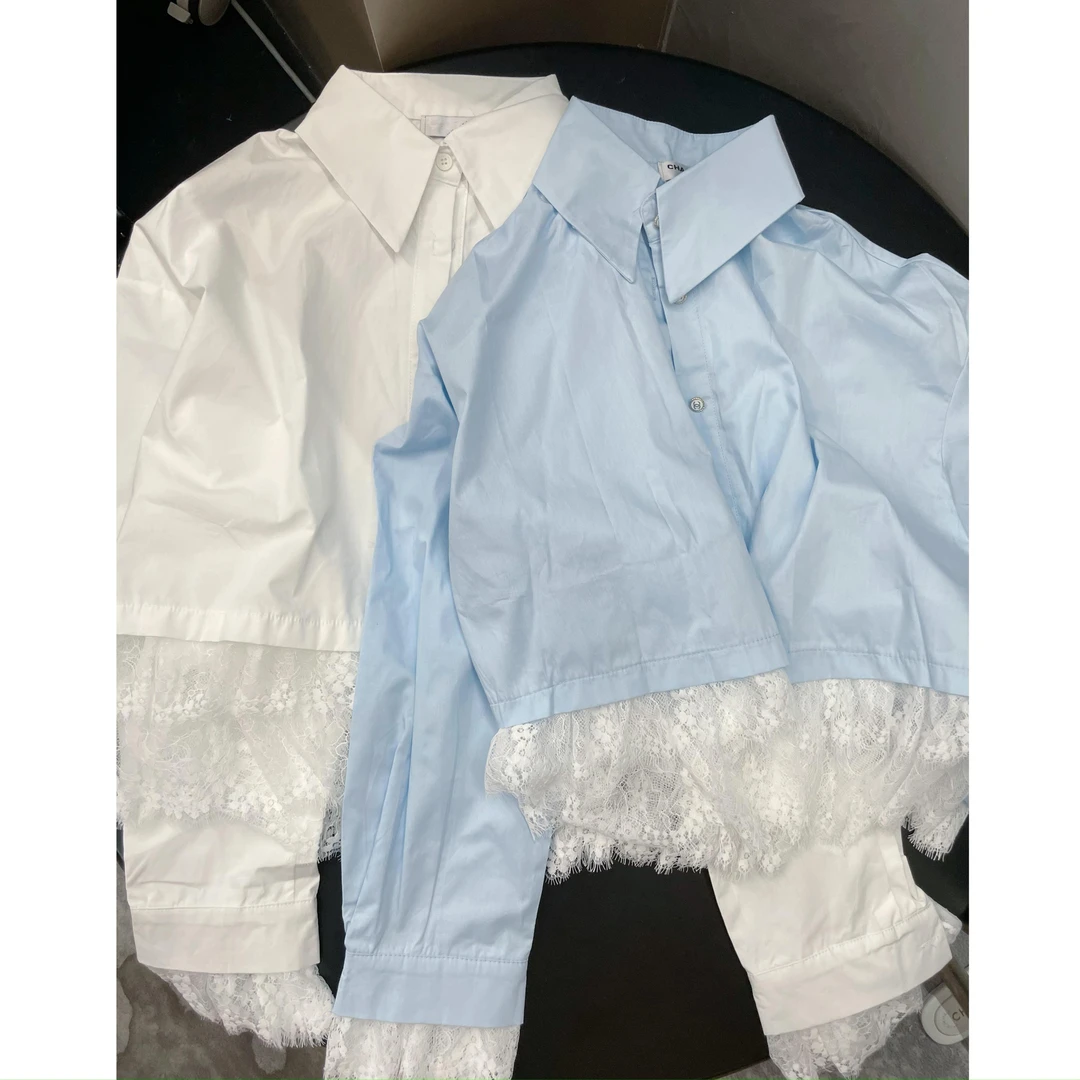 《An ni》【香】夏季新品时尚轻薄蕾丝边翻领长袖短款衬衫Ani-C270