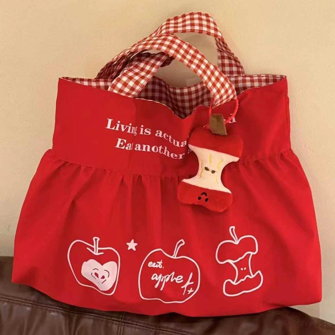 苹果红色帆布包包2025新款韩系慵懒风小众大容量单肩通勤托特包TJ