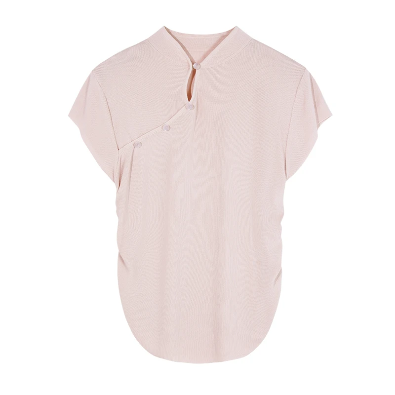 （清货）青烟梦悠~新中式盘扣针织短袖女春夏新款抽褶上衣1706