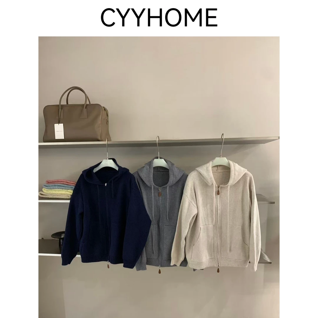 CYYHOME皮拉链连帽针织抽绳针织开衫