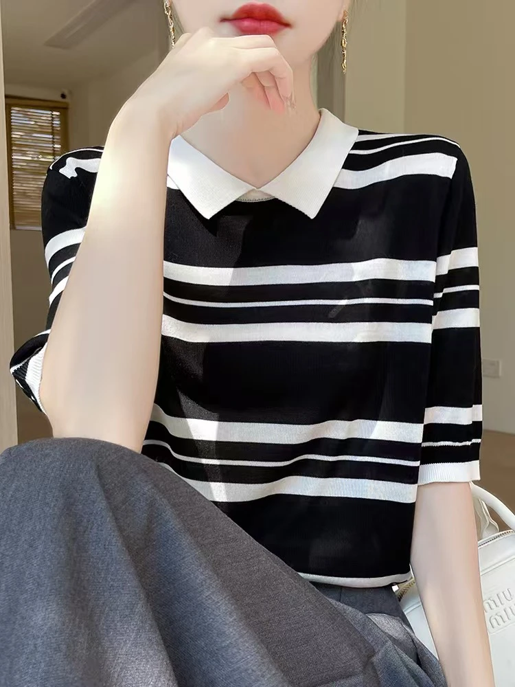 夏新天丝针织凉感舒适POLO翻领条纹T恤宽松显瘦半袖经典短袖上衣
