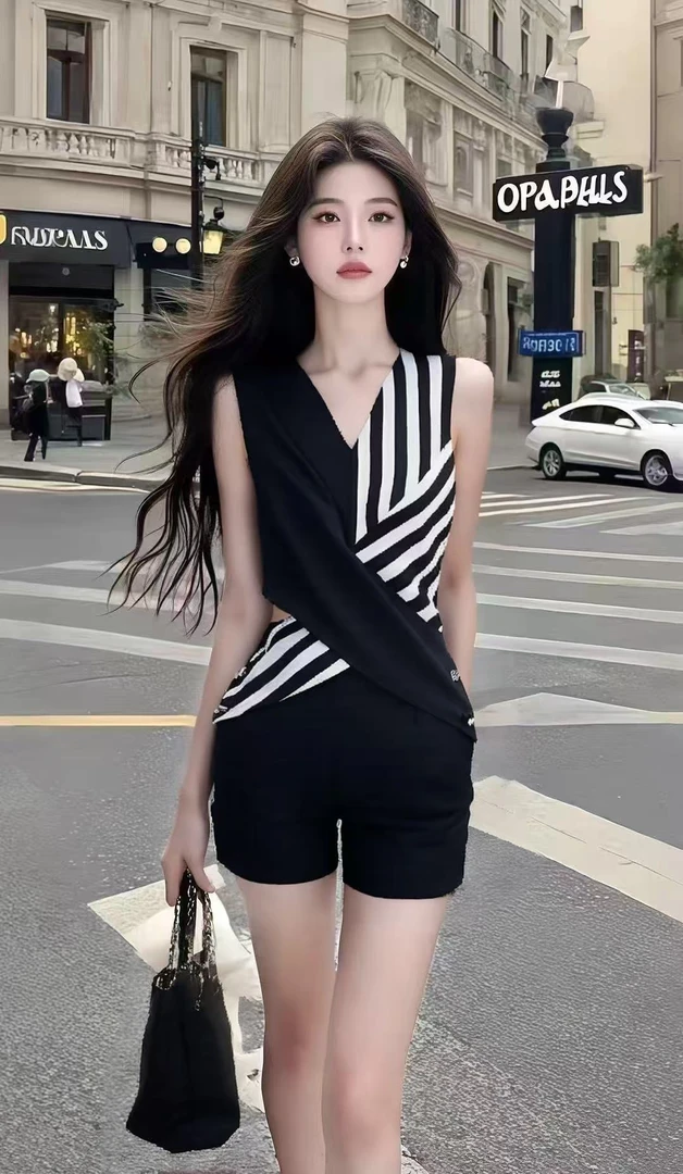 温柔甜美风黑色V领条纹设计上衣+黑色百搭显瘦短裤女小众高级套装