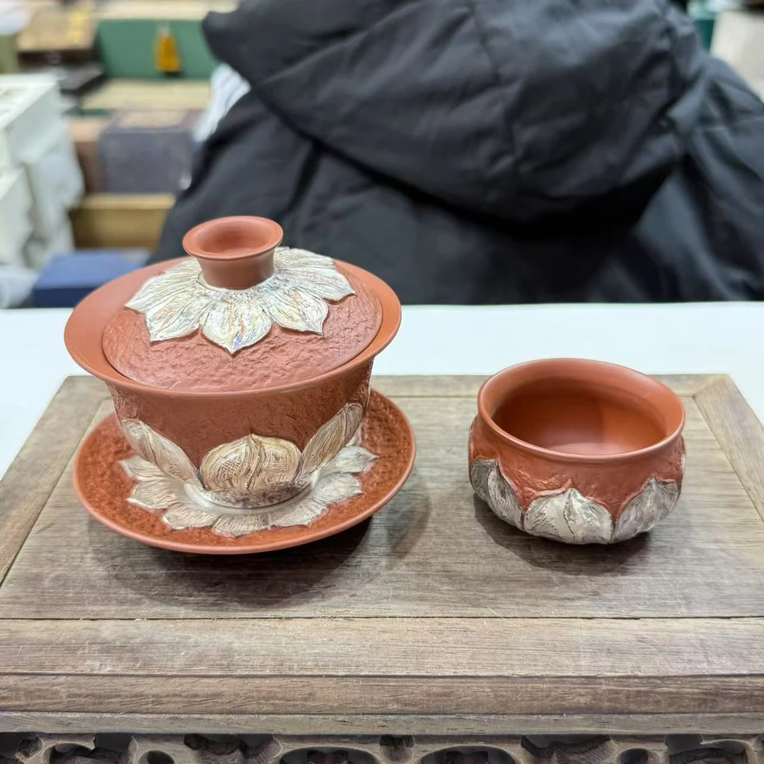 （胡子茶器）清念堂紫砂银绘莲花三才盖碗加茶杯 1644+2810