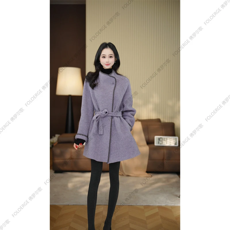 雷雷新款羊驼毛羊毛赫本风女保暖翻领中长款羊毛大衣