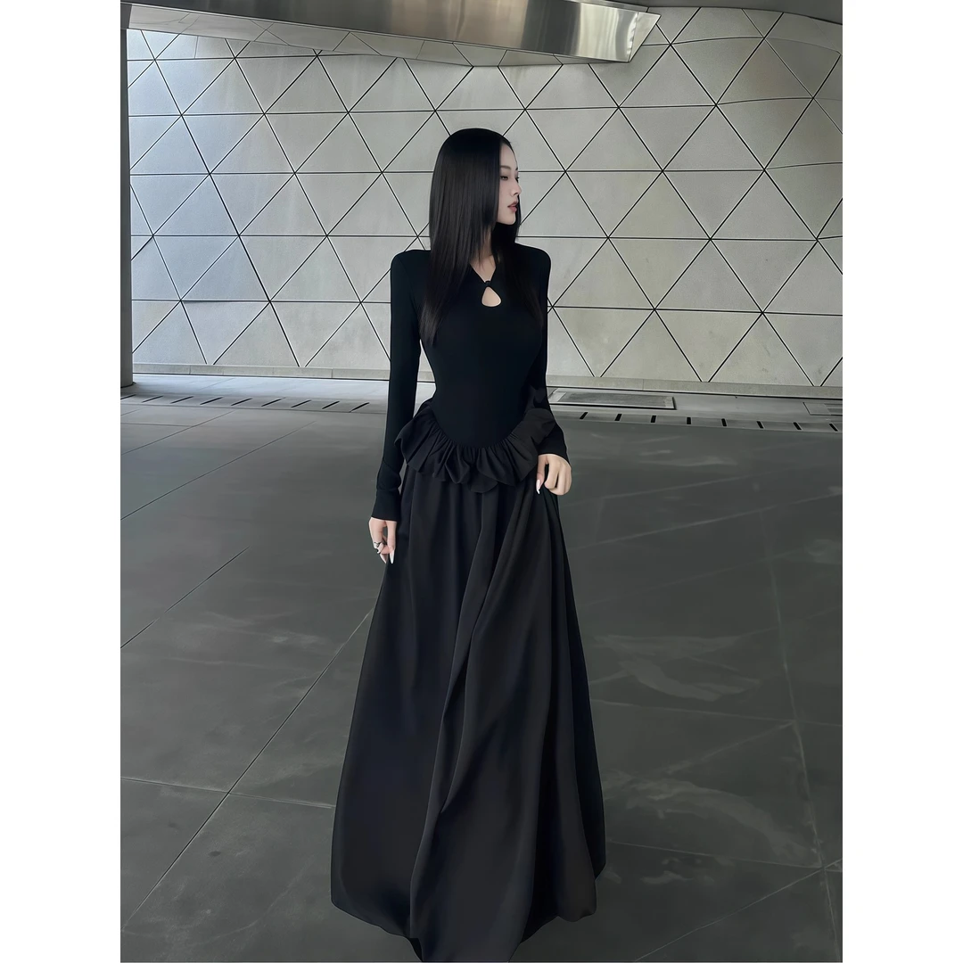 大码秋季款新中式国风复古长袖盘扣黑色长款蓬蓬裙女冬季显瘦长裙