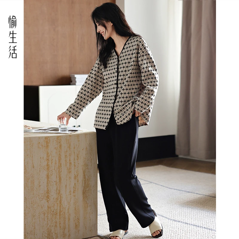 愉生活睡衣女春秋纯棉薄款长袖长裤家居服套装2025新款休闲可外穿