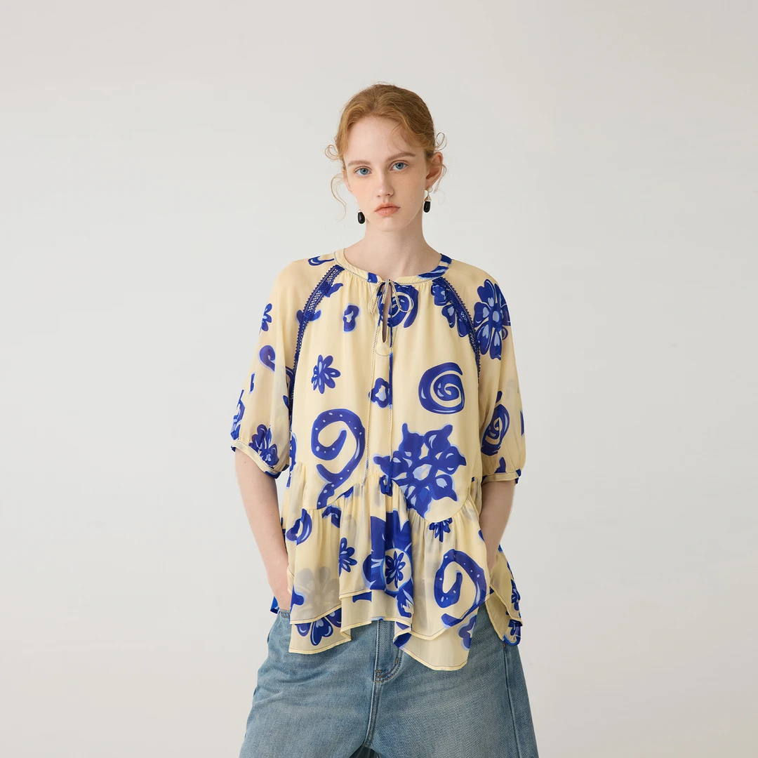 EIN/言度假风印花圆领菱格花边插肩袖上衣2025年夏季新款