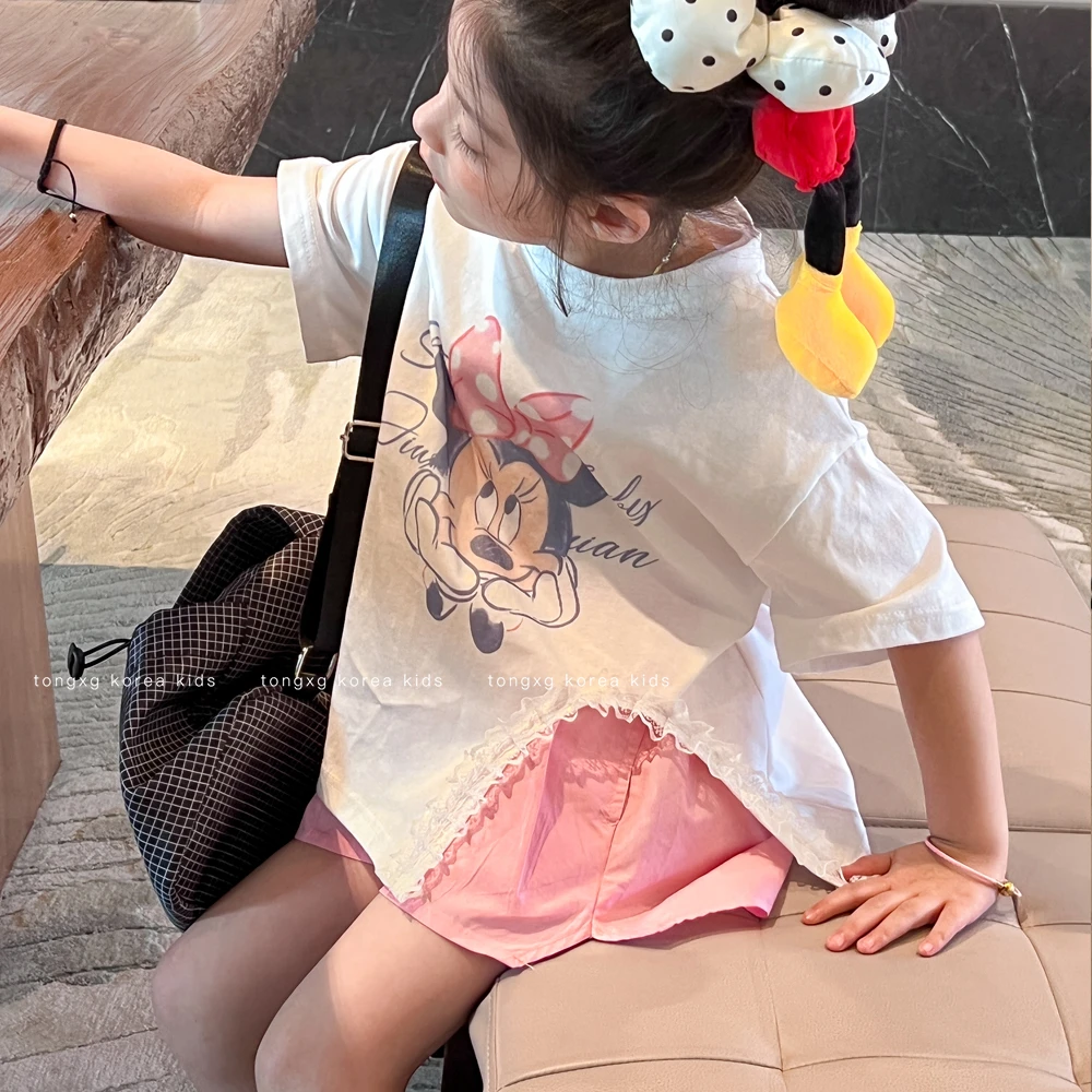 韩国夏季中大童可爱MN米ni印花蕾丝开叉宽松短袖圆领T恤上衣ys200